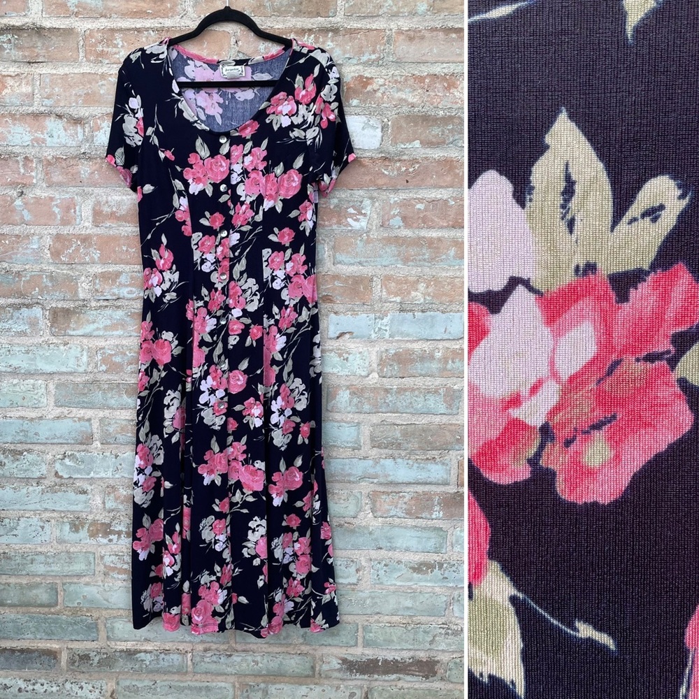 Vintage Maxi Dress 90s Floral Stretch Jersey Rose Print Button Front Modest Rose